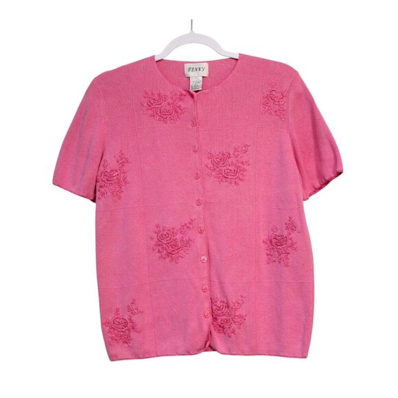 Vintage 90s Knit Cardigan Sweater Medium Pink Floral Embroidered Feminine Ramie - Picture 1 of 8